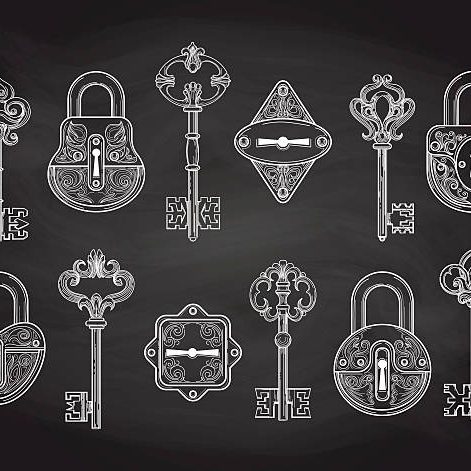Set of hand drawn vintage locks and keys on the chalkboard. Vector illustration